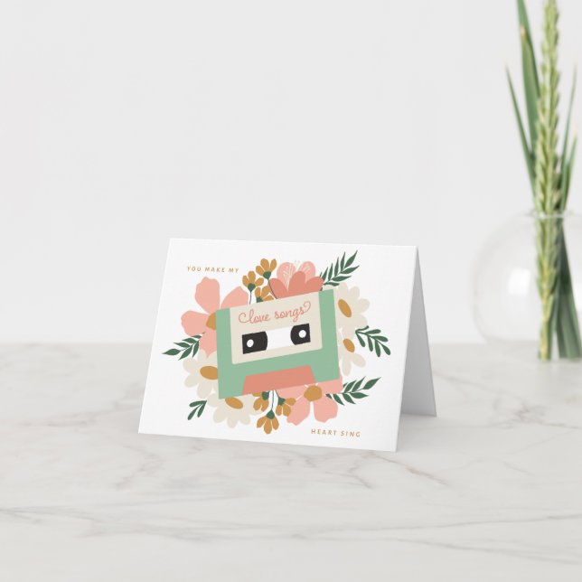 Cassette Floral Heart Sing Valentine Card (Front)