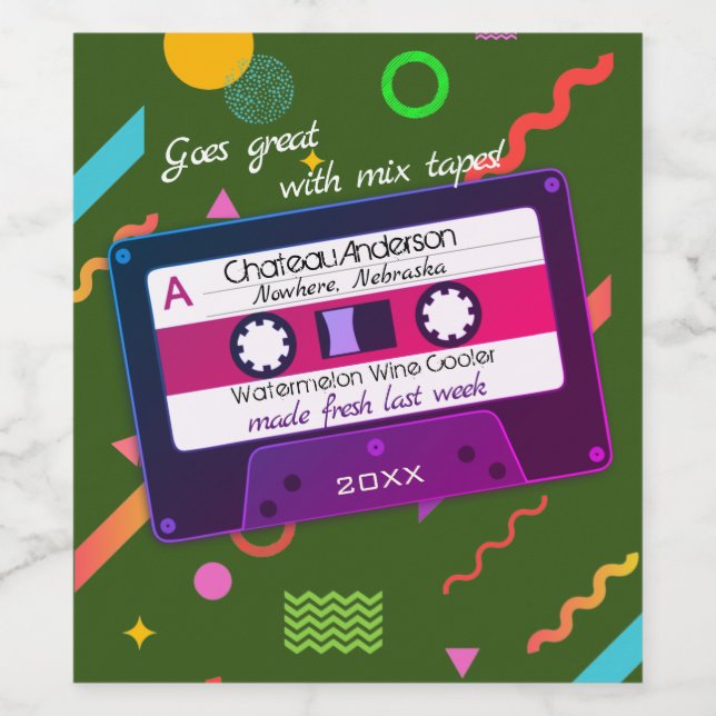 Cassette mix tape 80s retro personalised homemade wine label (Single Label)