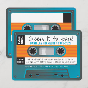 CASSETTE TAPE modern disco birthday aqua blue grey Invitation
