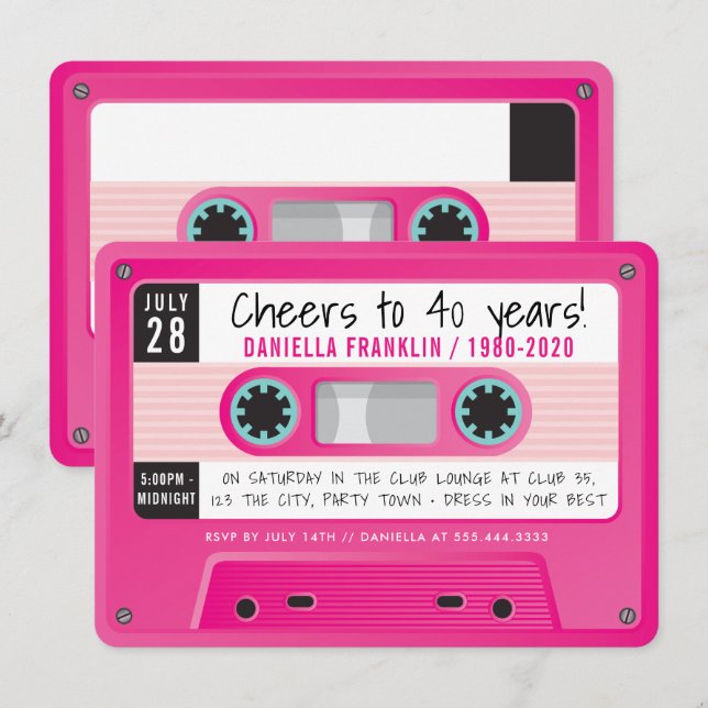 CASSETTE TAPE modern vintage disco birthday pink Invitation (Front/Back)