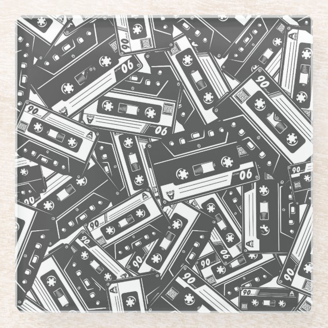 Cassette Tape: Monochrome Vintage Pattern Glass Coaster (Front)