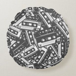 Cassette Tape: Monochrome Vintage Pattern Round Cushion