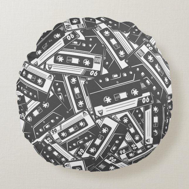 Cassette Tape: Monochrome Vintage Pattern Round Cushion (Front)