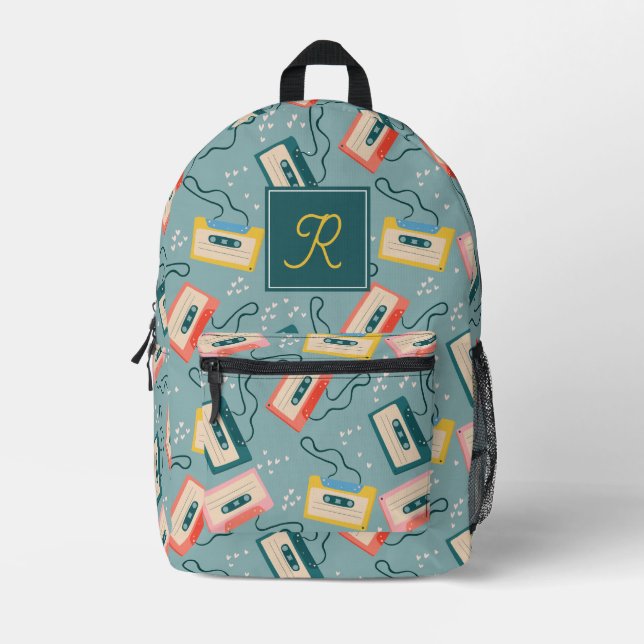 Cassette Tape Pattern Monogram Blue Printed Backpack (Front)