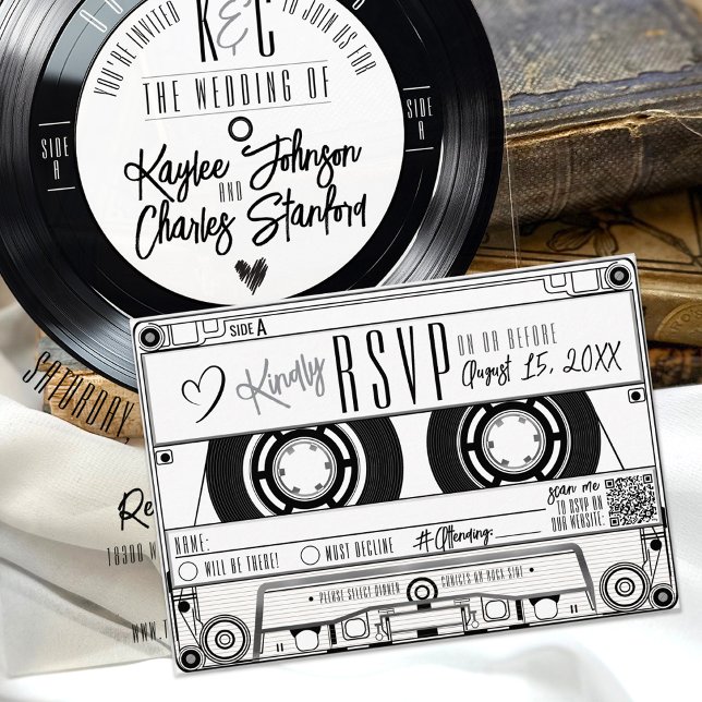 Cassette Tape Record White Wedding Invitation RSVP (Unique retro black and white vinyl record music vintage cassette tape RSVP card wedding invitation)