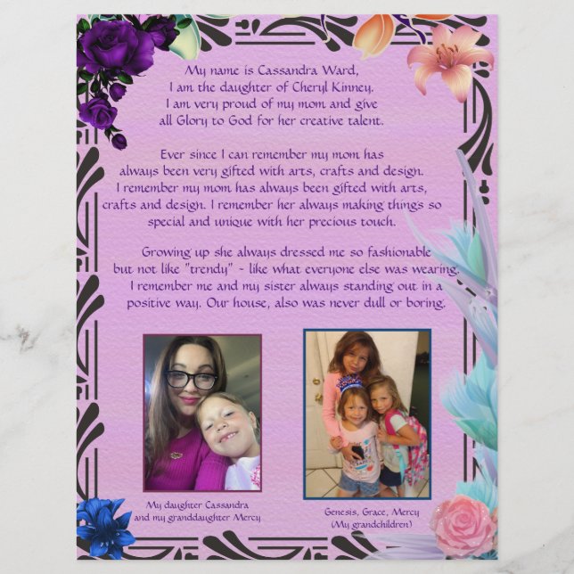 Cassie's dedication personalised paper (Front)