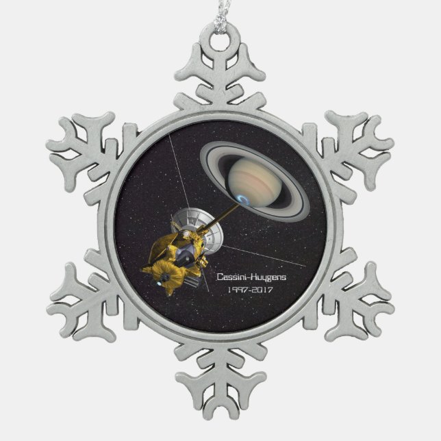 Cassini Huygens Mission to Saturn Snowflake Pewter Christmas Ornament (Front)