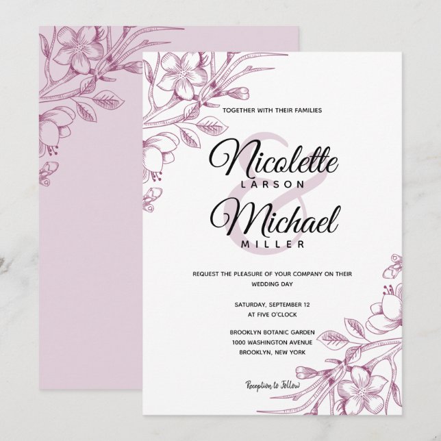 Cassis and Pink Floral Wedding Invitation (Front/Back)