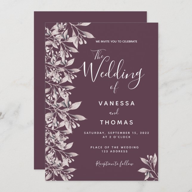 Cassis botanical pink script wedding invitation (Front/Back)