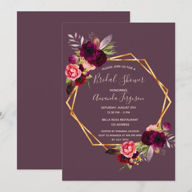 Cassis burgundy floral geometric bridal shower invitation (Front/Back)