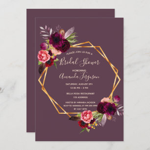 Cassis burgundy floral geometric bridal shower invitation