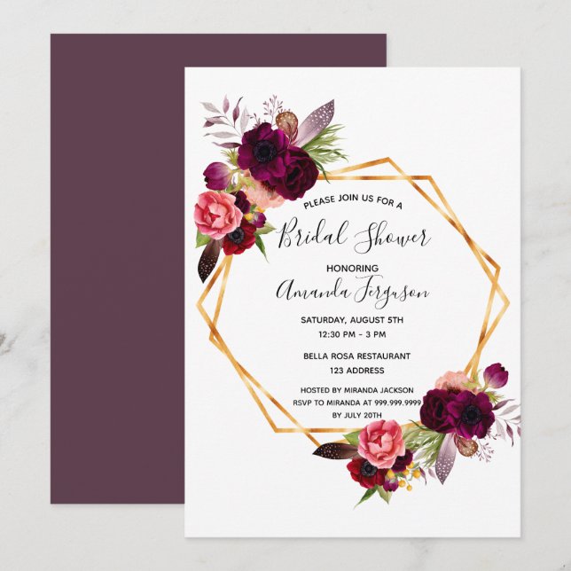 Cassis burgundy floral geometric bridal shower invitation (Front/Back)