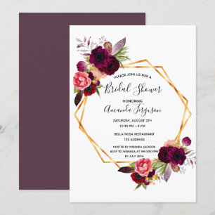Cassis burgundy floral geometric bridal shower invitation