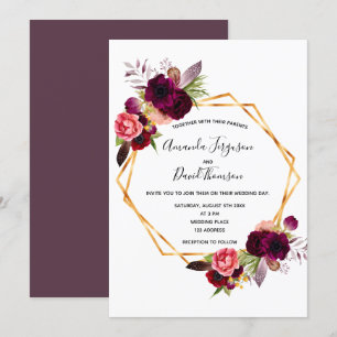 Cassis burgundy florals gold geometric wedding invitation
