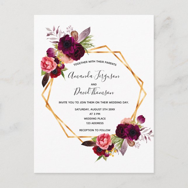 Cassis burgundy florals gold wedding invitation postcard (Front)