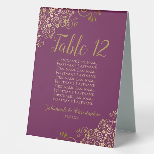 Cassis & Gold Wedding Table Number Seating Chart (Front)