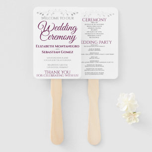 Cassis & Grey Elegant Wedding Fans with Program