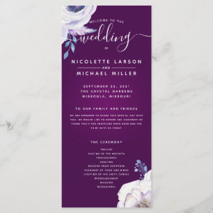 Cassis Navy Blue and Lilac Flowers Wedding Program Menu