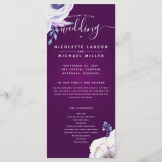 Cassis Navy Blue and Lilac Flowers Wedding Program Menu