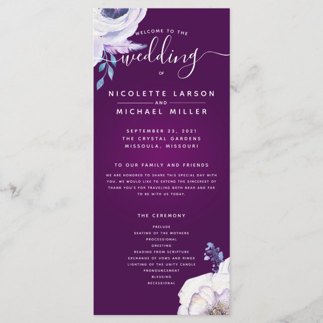 Cassis Navy Blue and Lilac Flowers Wedding Program Menu (Front)