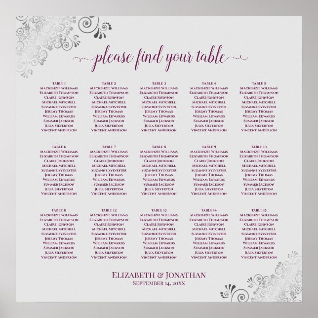 Cassis on Gray 15 Table Wedding Seating Chart (Front)