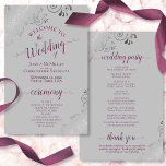 Cassis on Gray Silver Lace Budget Wedding Program<br><div class="desc">These wedding programs are elegant and tasteful, while still being budget friendly. The design features ornate silver gray faux foil lace with cassis purple, magenta, or berry colored text on a gray background. The typography features lacy script calligraphy, and there is room for details on the ceremony, the bridal party,...</div>