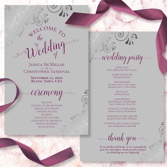 Cassis on Gray Silver Lace Budget Wedding Program (Front and Back)