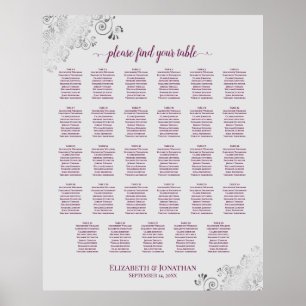 Cassis on Grey 29 Table Wedding Seating Chart