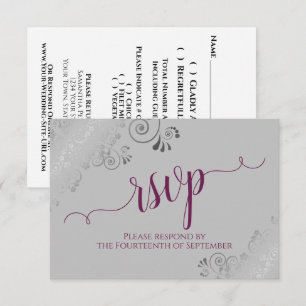 Cassis on Grey Silver Lace Calligraphy Wedding RSVP Card