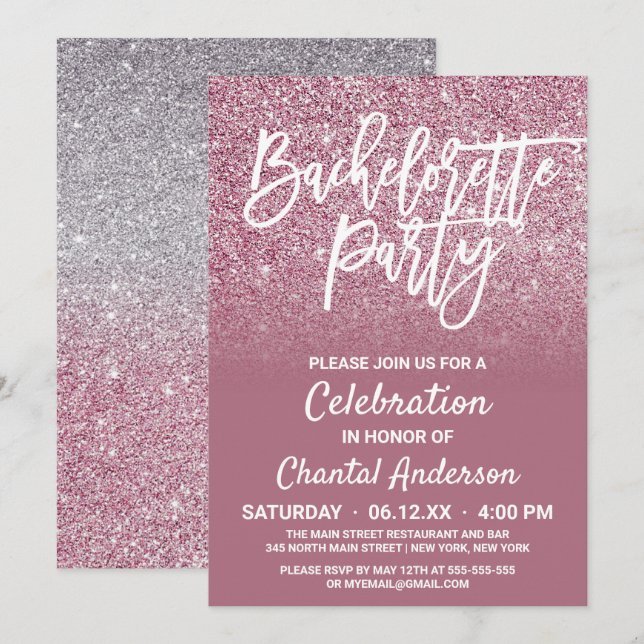 Cassis Pink Silver Faux Glitter Ombre Bachelorette Invitation (Front/Back)