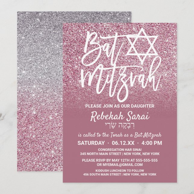 Cassis Pink Silver Faux Glitter Ombre Bat Mitzvah Invitation (Front/Back)