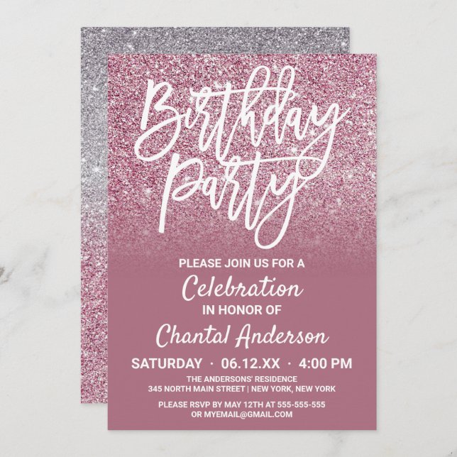 Cassis Pink Silver Faux Glitter Ombre Birthday Invitation (Front/Back)