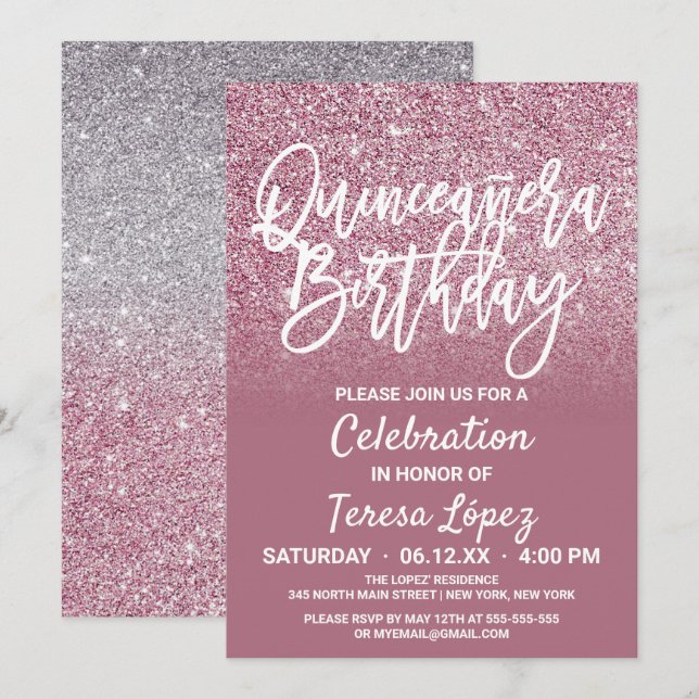 Cassis Pink Silver Faux Glitter Ombre Quinceañera Invitation (Front/Back)