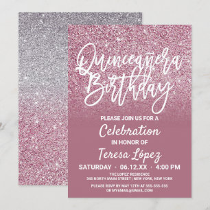 Cassis Pink Silver Faux Glitter Ombre Quinceañera Invitation