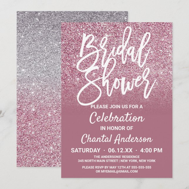 Cassis Pink Silver Glitter Ombre Bridal Shower Invitation (Front/Back)