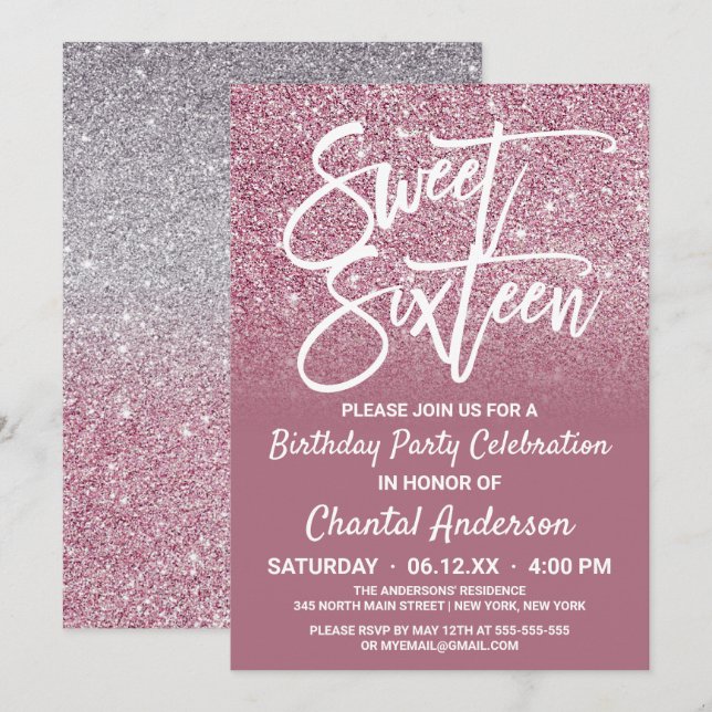 Cassis Pink Silver Glitter Ombre Sweet Sixteen Invitation (Front/Back)