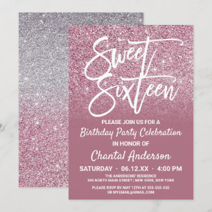 Cassis Pink Silver Glitter Ombre Sweet Sixteen Invitation