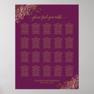 Cassis Purple 20 Table Wedding Seating Chart Gold