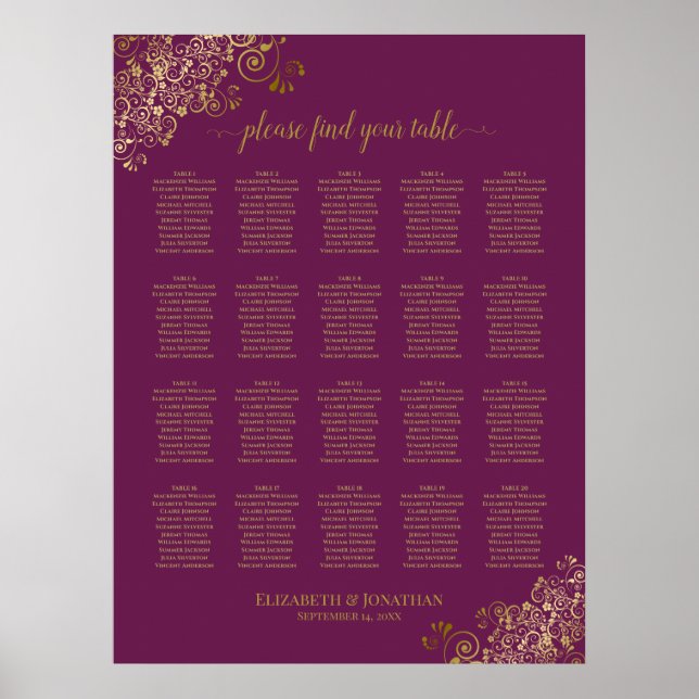 Cassis Purple 20 Table Wedding Seating Chart Gold (Front)
