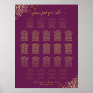 Cassis Purple 23 Table Wedding Seating Chart Gold