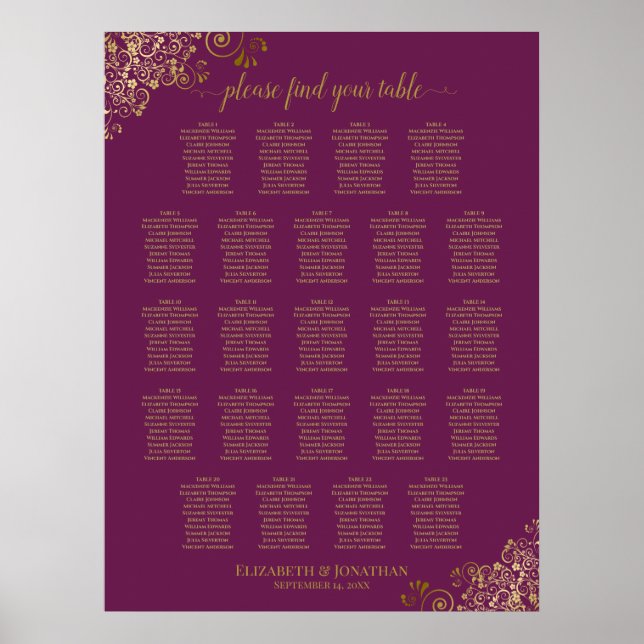 Cassis Purple 23 Table Wedding Seating Chart Gold (Front)