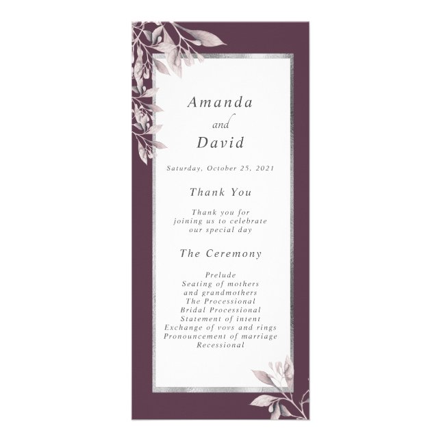 Cassis purple botanical floral wedding program rack card (Front)