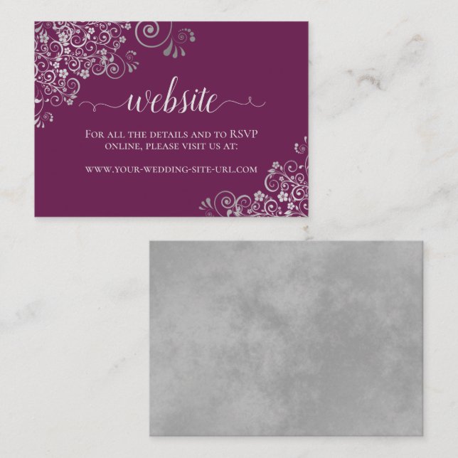 Cassis Purple Elegant Silver Lace Wedding Website Enclosure Card (Front/Back)