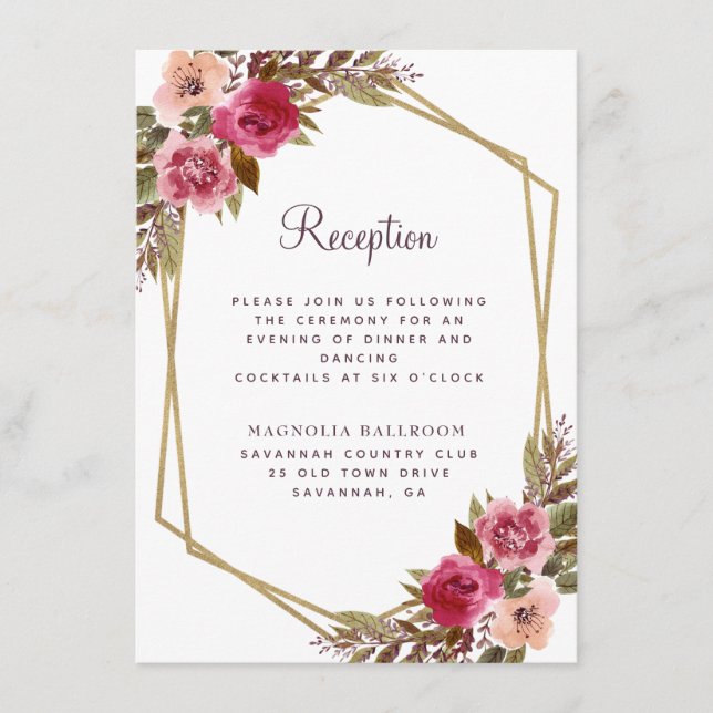 Cassis Purple Floral Gold Frame Wedding Reception Enclosure Card (Front)