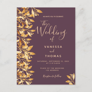 Cassis purple gold botanical wedding invitation postcard