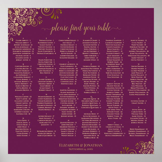 Cassis Purple Gold Lace Alphabetical Seating Chart (Front)