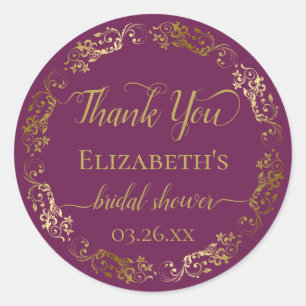 Cassis Purple & Gold Lace Bridal Shower Thank You Classic Round Sticker