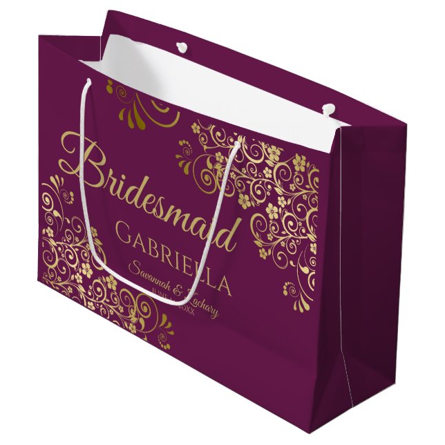 Cassis Purple & Gold Lace Elegant Bridesmaid Large Gift Bag (Front Angled)