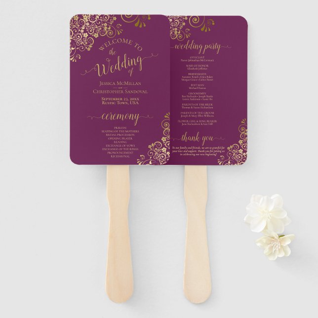 Cassis Purple & Gold Lace Elegant Wedding Program Hand Fan (Front and Back)