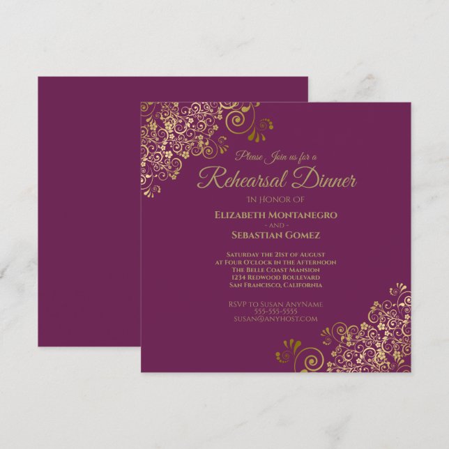 Cassis Purple Gold Wedding Rehearsal Dinner Square Invitation (Front/Back)